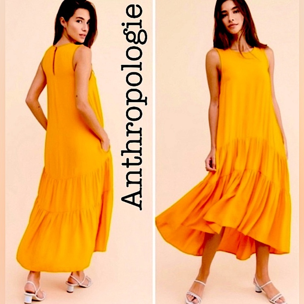 Anthropologie Maeve Marlene Sleeveless Tiered Clementine Orange Maxi Dress